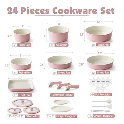 SENSARTE 24 Piece Ceramic Detachable Handle Pots and Pans Set Pink | Ceramic Cookware Set, Induction Cookware Set with Removable Handle, Healthy Non Stick for RV, Dishwasher ＆ Oven Safe - color: Pink, size: 24 Piece