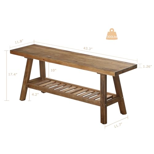 Reclaimed Solid Wood Bench-43.3" Entryway Bench with Storage Shelf | Farmhouse Narrow Rustic Bench, Hallway, Kitchen, Bedroom, Dining, Indoor - size: 43.3"