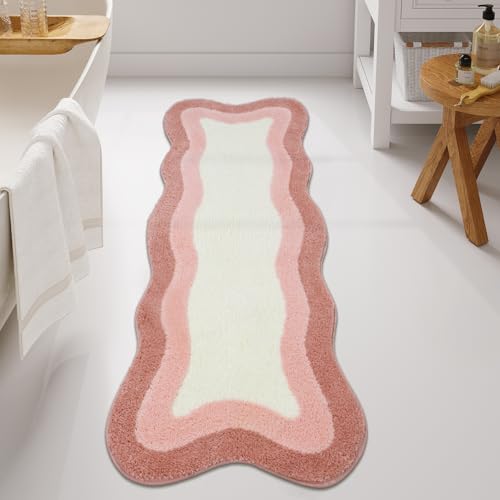 HAOCOO Pink Bathroom Rug Runner, 24x59 Inch Soft Non Slip Bath Rugs for Bathroom, Microfiber Absorbent Washable Irregular Shaped Rug Floor Mat for Bedroom Bathtub Tub Shower - color: Pink, size: 4'11" x 2' (Irregular)