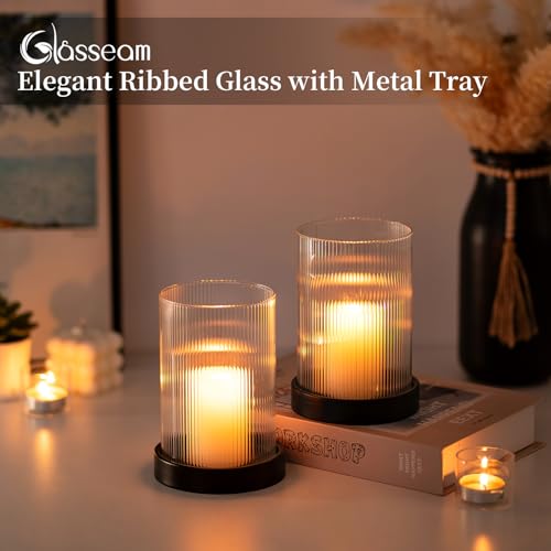 Glasseam Hurricane Candle Holder 2Pcs Black Candle Tray with Glass Cylinder | 3.94''x5.71'' Ribbed Open-End Sleeve, Fit 4'' Pillar Candles, Metal Candle Plates, Modern Table Centerpiece, Fireplace Decor - color: Black