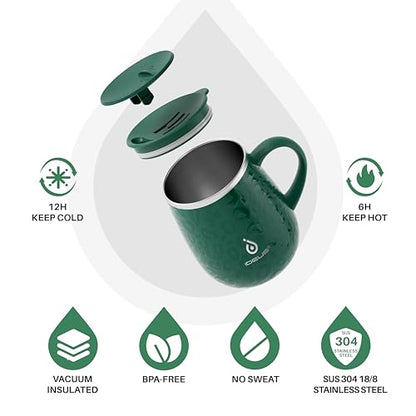 Ideus 16 oz Insulated Coffee Mug with Handle and Lid, Double Wall Stainless Steel Vacuum Thermal Coffee Mug, Travel Coffee Cup Thermal Cup for Home and Office (Leopard Green, FUJI DAWN) - color: Leopard Green