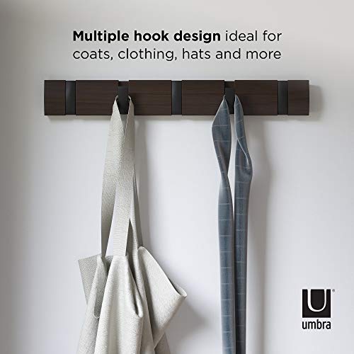 Umbra Flip Coat Rack, Wall Mounted 5-Hook Space Saving, Walnut/Black | Real wood and steel build, retractable hooks fold flat, holds coats bags and scarves, easy install - color: Walnut/Black, size: 5-Hook
