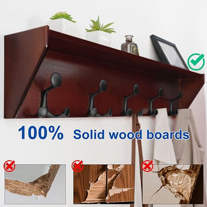 WEBI Wall Shelf with Hooks Underneath,35" Long Wall Mounted Coat Rack with Shelf,Entryway Coat Rack with 5 Triple Hooks for Hanging Coats,Jacket,Hallway,Bedroom,Mudroom,Cherry - color: Cherry, size: 35 Inch