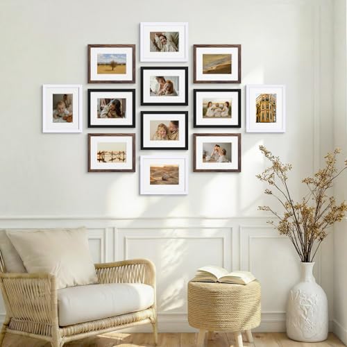 Vittanly 8x10 Picture Frames Set of 12, Wall & Tabletop, Black&Brown&White | Display Pictures 5x7 with Mat or 8x10 without Mat, Small Photo Frames, Engineered Wood with Shatter Resistant Plexiglass - color: Black&Brown&White, size: 8x10