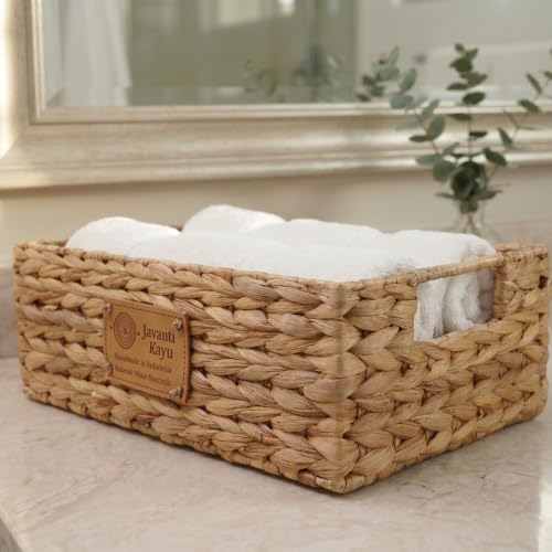 Handmade Water Hyacinth Wicker Storage Basket with Handles – Rectangle Organizer Bin for Shelves, Blanket, Bathroom, Closet – Stackable – Decorative & Durable (1, S: 12" x 8" x 4") - size: S: 12" x 8" x 4"