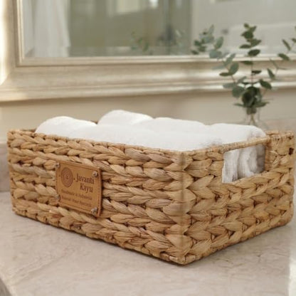 Handmade Water Hyacinth Wicker Storage Basket with Handles – Rectangle Organizer Bin for Shelves, Blanket, Bathroom, Closet – Stackable – Decorative & Durable (1, S: 12" x 8" x 4") - size: S: 12" x 8" x 4"