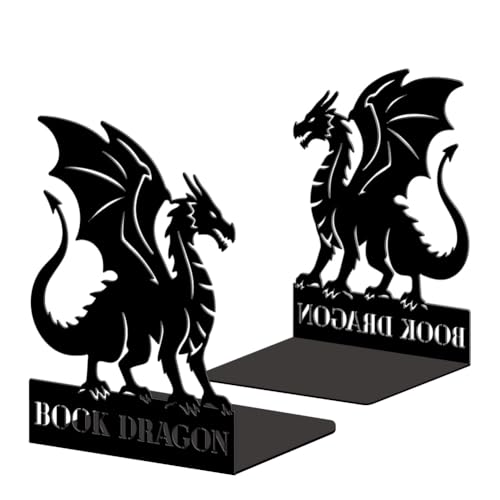 5.3"x4.3"x6.9" Metal Bookends, Heavy Duty Book Ends for Shelves | Dragon Theme Cast Iron Book Supports, 1 Pair Decor Stoppers for Desk, Library, Office & Home Shelves - style: Dragon