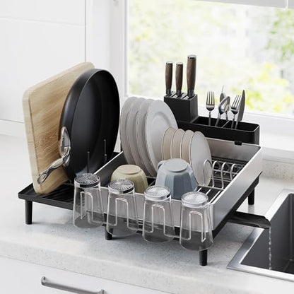 SONGMICS Large Dish Drying Rack, Expandable Dish Dryer for Kitchen Counter, Stainless Steel Dish Rack with Rotatable Spout, Utensil, Cup, Glass, Cutting Board, Pan Holders, Silver and Black UKCS037B01 - color: Silver + Black, size: 19.9"D x 19.1"W x 8.9"H