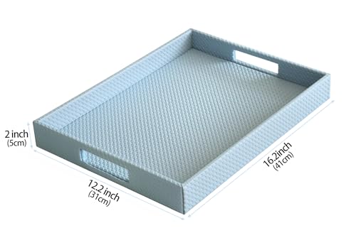 HofferRuffer Rectangle Serving Tray with Hole Handles for Coffee Table, Breakfast, Tea, Food, Butler - Countertop, Kitchen, Vanity Serve Tray, 16.2 x 12.2 x 2 inches, Faux Leather (LightBlue) - color: Lightblue
