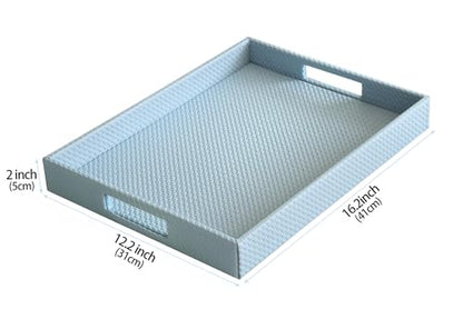HofferRuffer Rectangle Serving Tray with Hole Handles for Coffee Table, Breakfast, Tea, Food, Butler - Countertop, Kitchen, Vanity Serve Tray, 16.2 x 12.2 x 2 inches, Faux Leather (LightBlue) - color: Lightblue