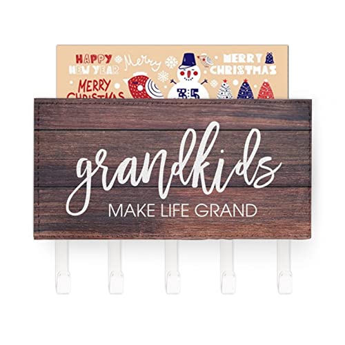 Wall Mounted Mail Holder Grandkids Make Life Grand,Mail Holder And Key Rack for Entryway,Farmhouse Home Decor Key Hooks,Rustic Key Hangers with 5 Hooks - color: style-4