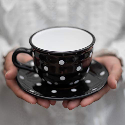 City to Cottage Handmade Black and White Polka Dot Large Ceramic 12oz/350ml Cappuccino Coffee Tea Cup and Saucer, Unique Designer Pottery for Tea Lovers - color: Black - 12oz (350ml)