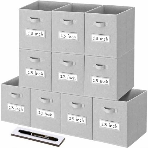 Storage Bins,13" Cube Storage Bin with Labels,10pcs,Light Grey | Fabric Storage Cubes for Shelves,13 Inch storage cube bins with 10 Labels Window Cards & a Pen. - color: Light Grey, size: 13"