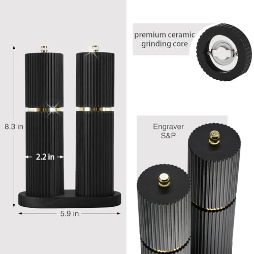 Wooden Salt and Pepper Grinder Set with Gold Accents, Salt and Pepper Grinder with Adjustable Coarseness, Beech Wood Pepper Grinder Manual,Salt and Pepper Shakers Matching Wooden Rray for Gifting - color: BLACK & BLACK