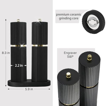 Wooden Salt and Pepper Grinder Set with Gold Accents, Salt and Pepper Grinder with Adjustable Coarseness, Beech Wood Pepper Grinder Manual,Salt and Pepper Shakers Matching Wooden Rray for Gifting - color: BLACK & BLACK
