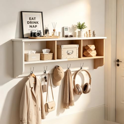 38.6inch Wall Mounted Entryway wooden Coat Rack with Storage Shelf 4 Dual Hooks Wooden Storage Living Room Wall Cabinet with 3 Cubbies Space Saving Hanging Shelf for Hats Bags Coats (White) - color: White