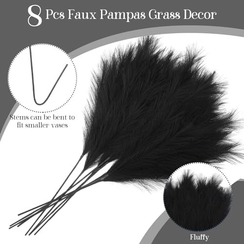 8 Pcs 38''/97cm Tall Faux Large Pampas Grass Decor, Black | Artificial pompous pompas, fluffy fake plants, floor vase filler, or wedding kitchen home boho decorations