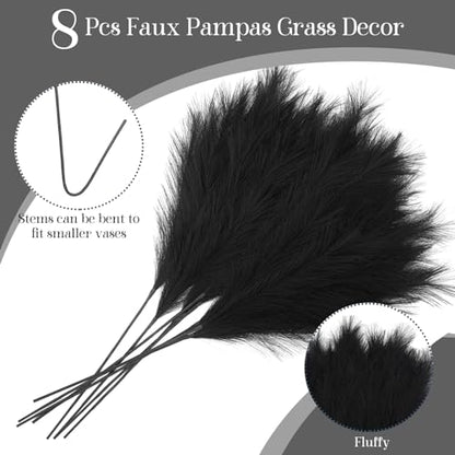 8 Pcs 38''/97cm Tall Faux Large Pampas Grass Decor, Black | Artificial pompous pompas, fluffy fake plants, floor vase filler, or wedding kitchen home boho decorations