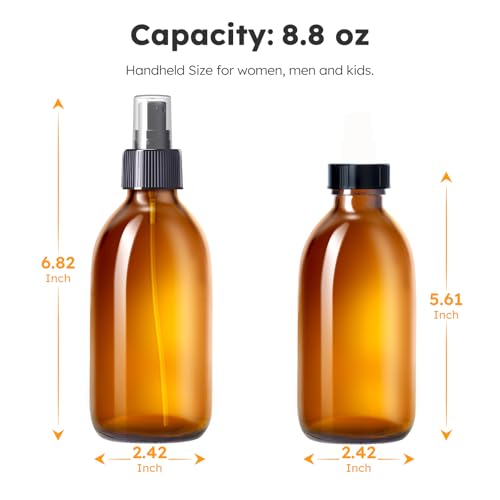 Tecohouse 8.8 oz Amber Glass Spray Bottles 3 Pack Empty Spray Bottle | Leakproof, Thick Glass, Non-Slip Base, Glass Bottles for Cleaning Solutions, Plants, Hair with Durable Nozzle, Labels, Funnel
