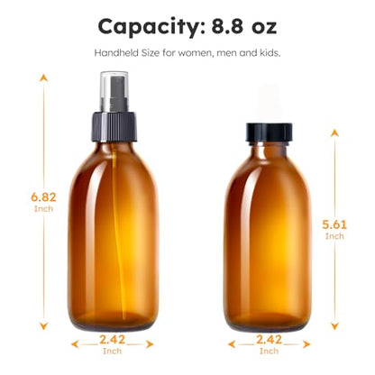 Tecohouse 8.8 oz Amber Glass Spray Bottles 3 Pack Empty Spray Bottle | Leakproof, Thick Glass, Non-Slip Base, Glass Bottles for Cleaning Solutions, Plants, Hair with Durable Nozzle, Labels, Funnel