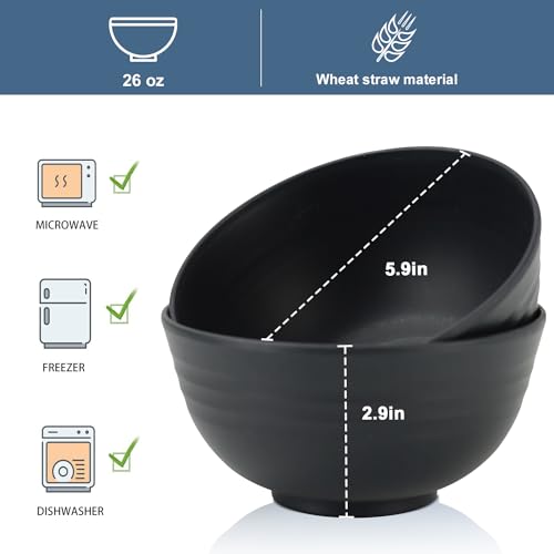 Wheat Straw Bowl Sets,8 PCS Unbreakable Cereal Bowls 26 OZ,Microwave and Dishwasher Safe Bowls,Alternative Plastic Bowl Reusable for cereal,salad,snack and soup (Pure Black) - color: Black, size: 26 oz