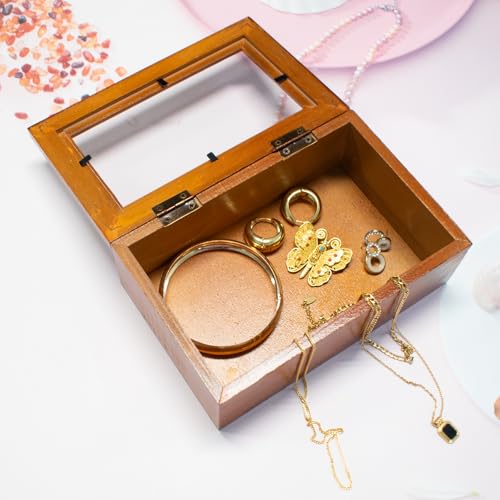 Wood Storage Box with Window, Rustic Style Square Pine Wooden Gift Box, Jewellery Organize Container Display Case for DIY Party Favor Gift Package, 6.8" x 4.4" x 2.5"