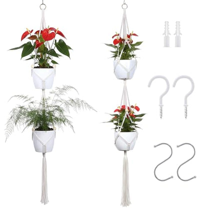 Macrame Plant Hangers 2 Pack, 50 in, Indoor Outdoor, Beige | Natural Cotton Rope, Double-Tier Design, Includes Hooks, Fits Living Room, Balcony, Kitchen, Office