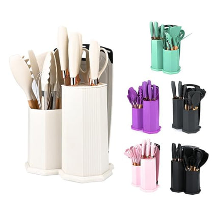 Kitchen Utensils Set,19 Pcs Cooking Tools and Knives Set,Cutting Board, Silverware Set, with Utensil Holder Precision Cutting and Organized Dining Kitchen Tool (Black) - color: Black