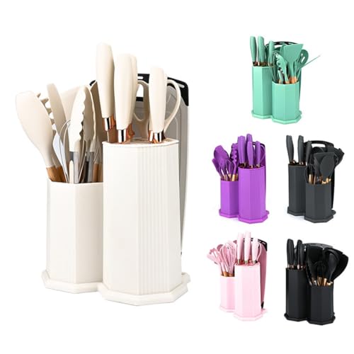 Kitchen Utensils Set,19 Pcs Cooking Tools and Knives Set,Cutting Board, Silverware Set, with Utensil Holder Precision Cutting and Organized Dining Kitchen Tool (White) - color: White