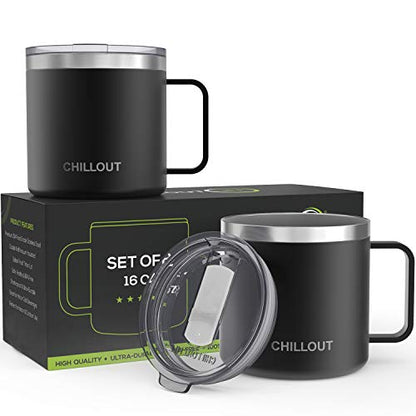CHILLOUT LIFE Stainless Steel 16 oz Vacuum Insulated Coffee Mug with Handle and Lid, Large Thermal Camping Coffee Mugs with Sliding Lid for Men & Women - Keeps your Beverages Hot/Cold, 2 Pack - color: Black, size: 16 Ounces - 2 Pack