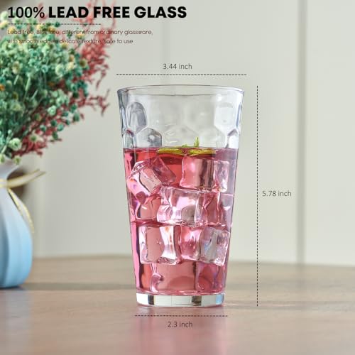 ALINK 16 oz Drinking Glasses, Set of 6 Highball Glass Cups Bar Glasses, Clear Heavy Base Stemmed Water Glasses for Beer, Iced Coffee Cups, Cocktail Glasses, Wine, Iced Tea, Dishwasher Safe - style: Hexagon Design