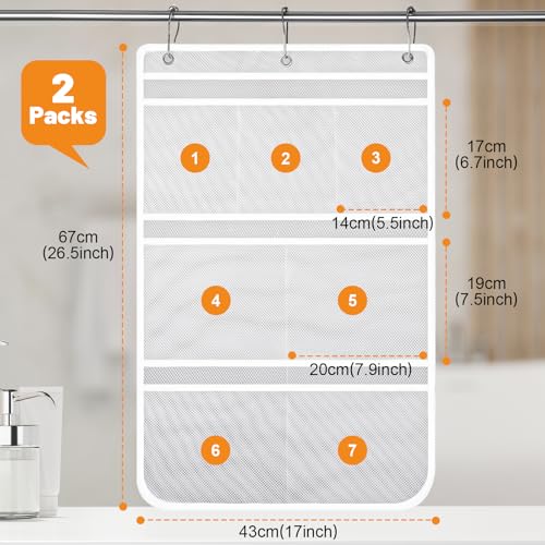 2 Pack Mesh Hanging Shower Caddy, 7-Pocket Bathroom Organizer | Quick-Dry Polyester Mesh, 3 Metal Hooks, Foldable For Dorm, Cruise, Rv, Camping And Home Use