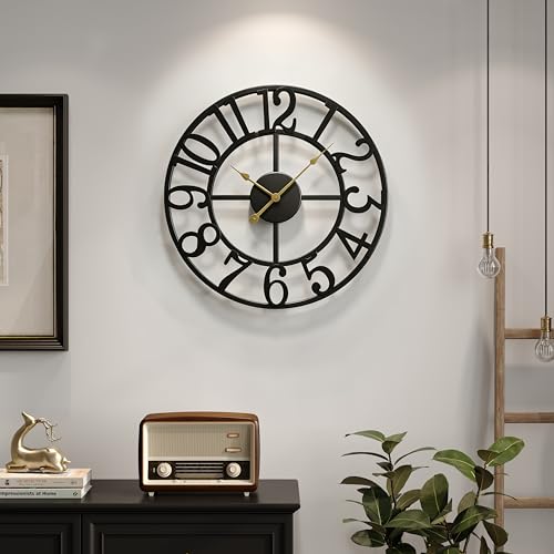 Cuspin 16 Inch Large Wall Clock, Modern Black Metal Clock for Lving Room Decor, Battery Operated Wall Clocks Round Silent Non Ticking Arabic Numerals for Bedroom, Kitchen, Dining Room, Office - color: Black Arabic Number, size: 16 Inch