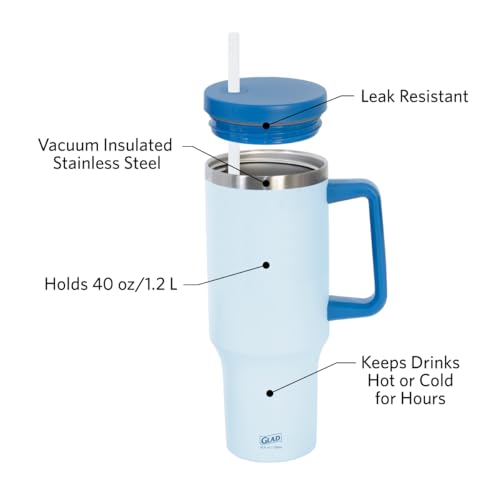 Glad Pioneer Stainless Steel Tumbler with Lid and Straw - Double Walled Insulated Cup with Handle - Leak Resistant & Cup Holder Compatible, Drinks Stay Cold All Day, 40oz, Blue - color: Blue, size: 40 Ounces