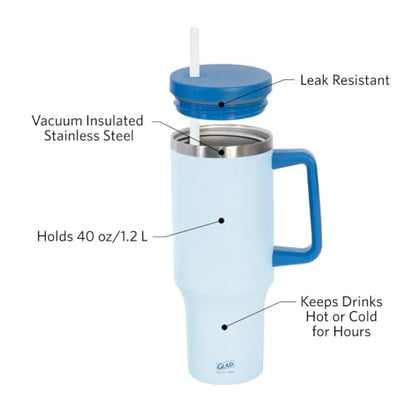 Glad Pioneer Stainless Steel Tumbler with Lid and Straw - Double Walled Insulated Cup with Handle - Leak Resistant & Cup Holder Compatible, Drinks Stay Cold All Day, 40oz, Blue - color: Blue, size: 40 Ounces