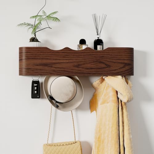 Coat Rack Wall Mount with Shelf 4 Hidden Hooks Modern Wooden Key Holder Entryway Organizer for Hallway Bedroom Bathroom Home Decor Storage for Hanging Coats Hats Bags Towels, Wave-Shape Walnut - color: Walnut Wave-Shape, size: 4 Hooks