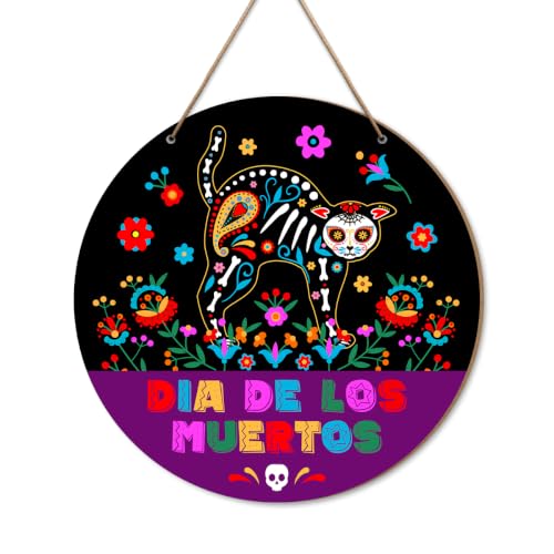 Dia De Los Muertos Day of The Dead Cat Wood Door Sign Home Decor | Cat Skeleton Sugar Skull Marigold Flowers Day of The Dead Wooden Sign Party Decorations - color: Day of The Dead01