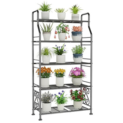 GIOTORENT Plant Stand Outdoor Indoor 5 Tier Metal Waterproof - 53.2" Plant Shelf for Patio, Balcony, Living Room, Large Capacity Tiered Plant Rack, Black - size: C-5Tier