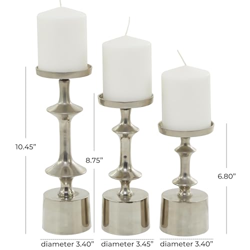 CosmoLiving by Cosmopolitan Aluminum Metal Decorative Candle Holder Pillar Candle Stand, Set of 3 Candlestick Holder 10', 9', 7'H, Silver - color: Silver