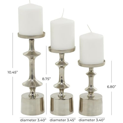 CosmoLiving by Cosmopolitan Aluminum Metal Decorative Candle Holder Pillar Candle Stand, Set of 3 Candlestick Holder 10', 9', 7'H, Silver - color: Silver