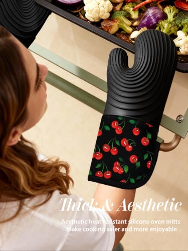 Slohif Long Silicone Oven Mitts Heat Resistant for Women - 2 Pcs Y2K Cherry 100% Cotton Oven Gloves, Non-Slip and Waterproof Silicone Oven Mitts with Hanger for Baking and Cooking - color: Black Red