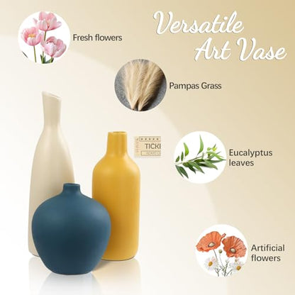 JINGIHE Ceramic Vase Set of 3, Modern Flower Vases Farmhouse Home Decor | Small White Burnt Orange Blue Terracotta Pots, Coffee Bar Accessories for Living Room Bathroom Centerpieces Mantel
