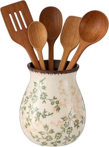 Rustic Ceramic Utensil Holder for Kitchen Counter Farmhouse Cooking Utensil Crock Vintage Kitchen Utensil Organizer Spatula Spoon Holder for Countertop Kitchen Decor (Springtime Green Vine) - color: Green