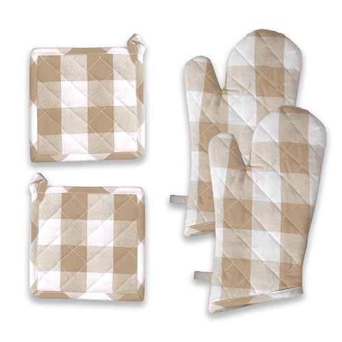 Buffalo Plaid Check Oven Mitts and Pot Holders Set, 100% Cotton, Heat Resistant, Includes 2 Oven Gloves (7x13 Inches) and 2 Hot Pads (8x8 Inches) for Cooking and Baking, Beige White - color: Beige, Buffalo Plaid