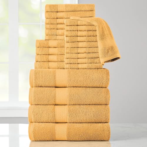 24-Piece Set of Towels, Lightweight 380 GSM Cotton Towels, Quick Drying, Absorbent Hand Towels, Fingertip Towels, Bath Towels, & Washcloths, Gold - color: Gold
