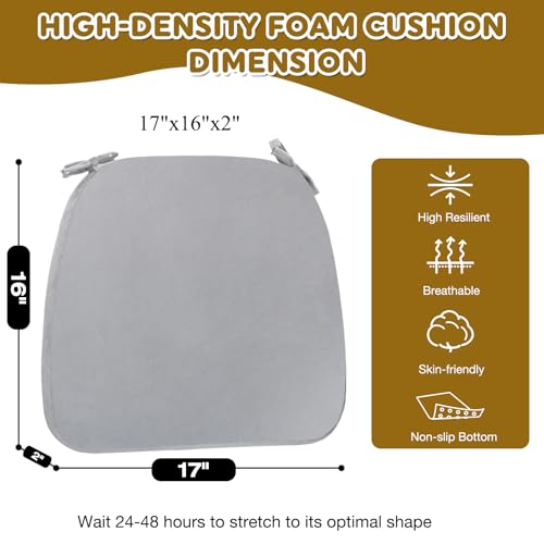 D-Shaped Chair Cushions Set of 1, Chair Pads with Ties, 17" x 16", Winter | 2" Thick Non Slip Seat Cushion for Dining & Kitchen Chairs, 40D Foam, Removable Washable Cover, Winter Grey - color: Winter Grey