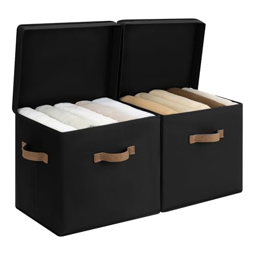 StorageWorks Storage Bins with Lid, Decorative Fabric Storage Bins with Handles, Stackable Closet Organizers for Shelves and Bedroom, Large, Black, 2-Pack - color: Black, size: 15"L x 11 ¼"W x 12 ½"H
