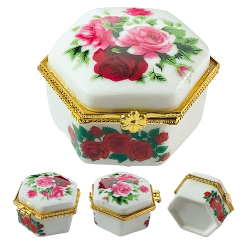 Tiny Hexagon Porcelain Trinket Box | Pink Rose Bouquet | French Style Gift Box with Velvet Bag - style: Pink Rose Bouquet Hexagon