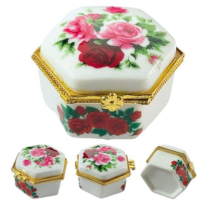 Tiny Hexagon Porcelain Trinket Box | Pink Rose Bouquet | French Style Gift Box with Velvet Bag - style: Pink Rose Bouquet Hexagon