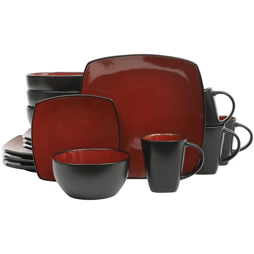 Gibson Elite Soho Lounge Square 16-Piece Dinnerware Set, Service for 4, Reactive Glaze Stoneware Plates and Bowls, Modern Dishes, Microwave & Dishwasher Safe – Red and Black - color: Red/Black (Soho Lounge), size: Service for 4 (16pcs)